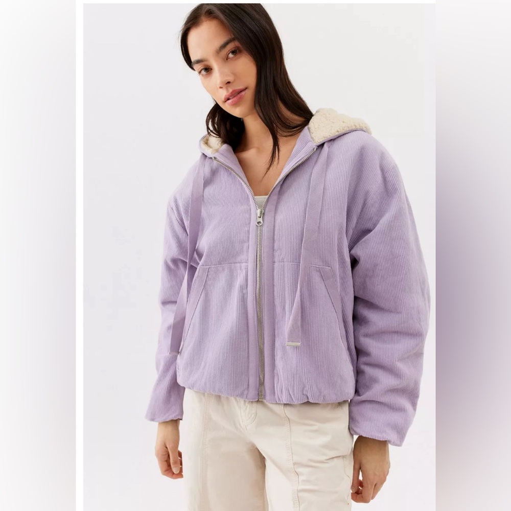 Urban Outfitters Casey Hooded Corduroy Sherpa Jacket, Purple/Ivory, Sz Lrg, EUC!